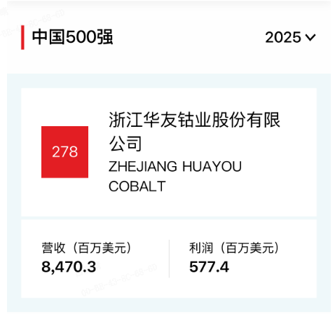 上升！华友钴业荣登2025年《财产》中国500强第278位-企业新闻-浙江华友钴业股份有限公司